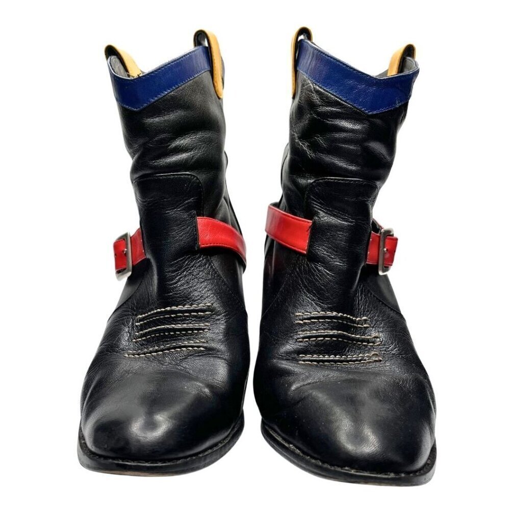 MELLOW YELLOW X JC/DC BLACK LEATHER VEAL CALFSKIN COLORFUL STRAPPY COWBOY BOOTS - Picture 3 of 13